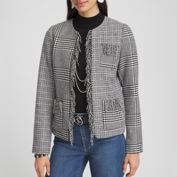 Chico’s NWT Mixed Tweed Fringe Wool Blend Black & White Blazer Jacket NWT Sz 6 - Picture 2 of 9